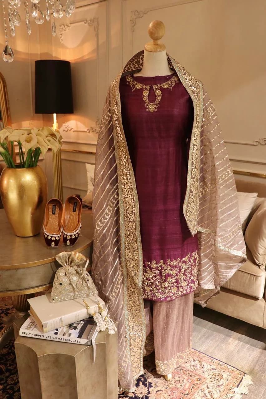 Deep Purple Kota Silk Long Qameez With Wide Legged Dull Lilac Raw Silk Pants